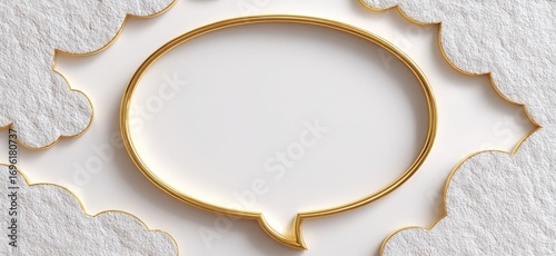 Gold speech bubble framed by white textured clouds