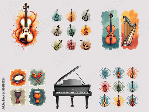 Collection of classic and contemporary musical instruments artistically rendered