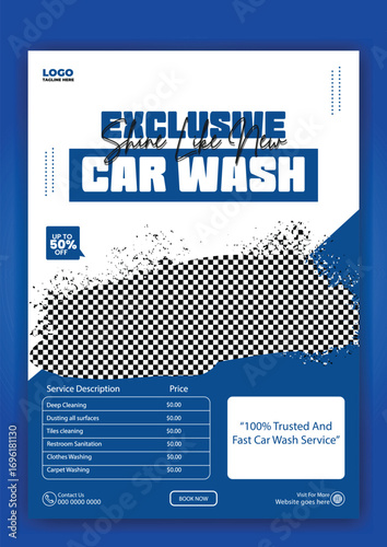 Modern car wash advertisement featuring a sleek blue sports car with water splashing and promotional text