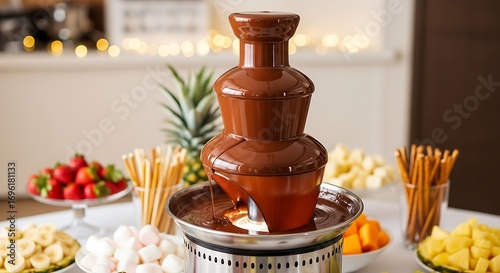 Decadent chocolate fountain surrounded by fresh fruit and treats
