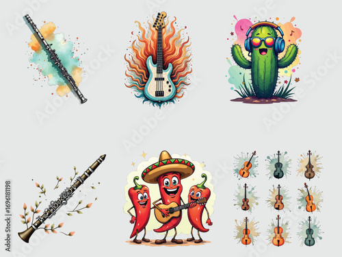 Vibrant collection of musical instruments and festive mexican themed artworks for diverse projects