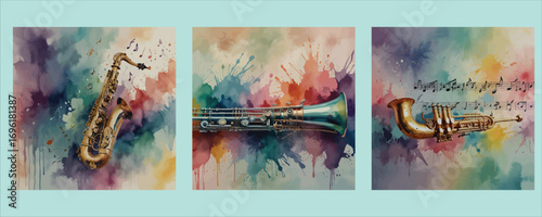 Vibrant abstract triptych art featuring brass instruments and colorful watercolor splashes