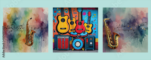 Vibrant abstract music triptych featuring guitars and saxophone with colorful backgrounds