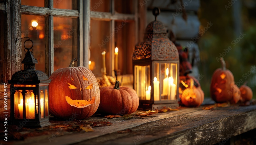 Obraz premium Halloween pumpkins and lanterns on a windowsill