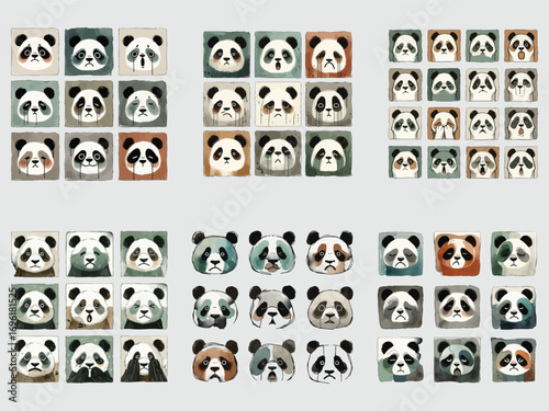 Collection of adorable panda face portraits in square frames with diverse expressions