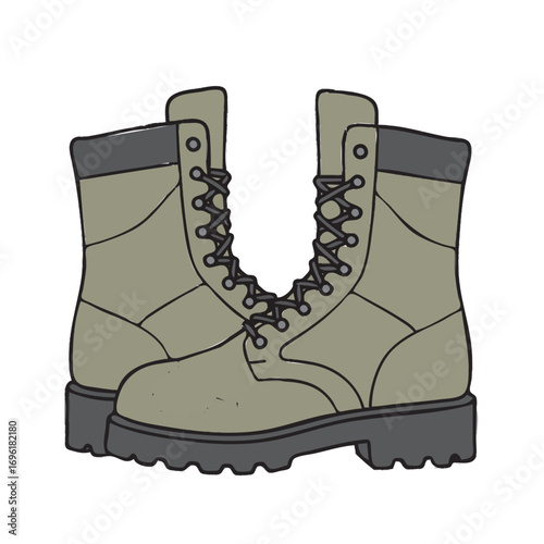 Military Boots Olive Green Color Laced Up Front View Isolated on White