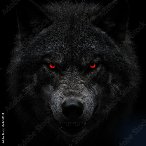 Intense wolf portrait with glowing red eyes
