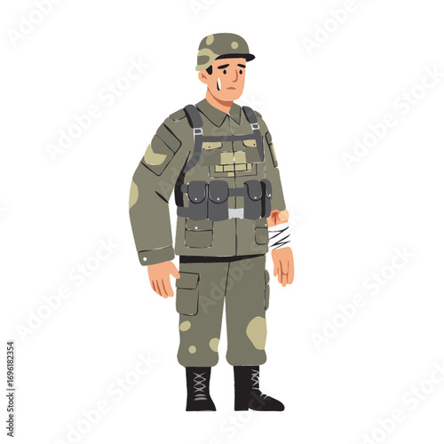 Injured Soldier Cartoon Illustration, Military Man in Uniform, Army Concept