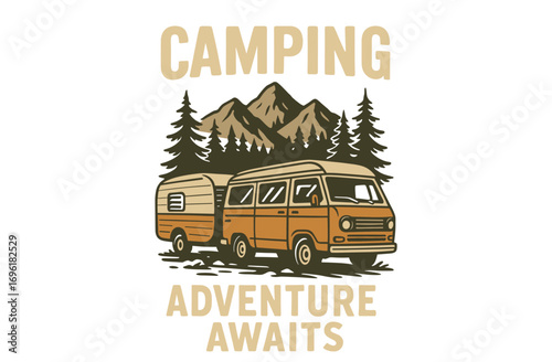 Camping Van Illustration. Let's Explore Adventure Poster. Retro Camper and Mountain Graphic. Vintage Travel Artwork.