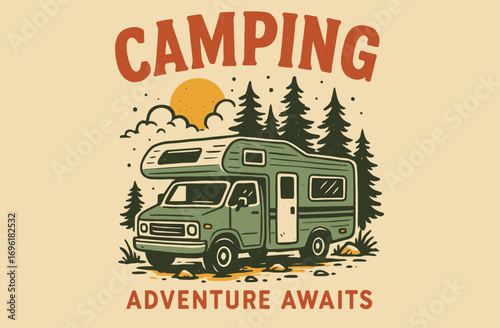 Camping Van Illustration. Let's Explore Adventure Poster. Retro Camper and Mountain Graphic. Vintage Travel Artwork.