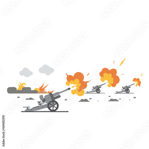Artillery cannons firing in a battle scene flat illustration war concept