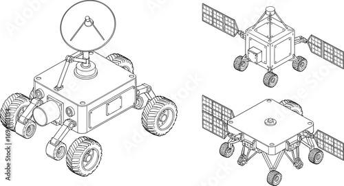 Isometric space exploration rover and satellite vehicle blueprint, robotic technology, planetary science, space mission design, solar panel, engineering concept