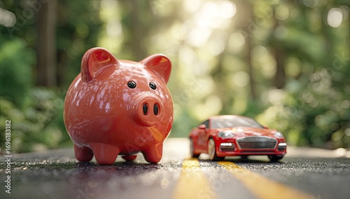 Piggy bank and red car on a road