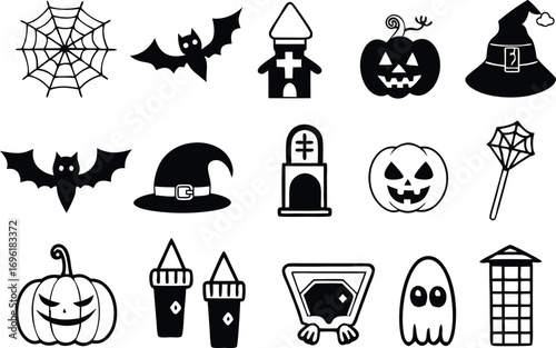 Collection of Halloween icons set silhouette vector art illustration.