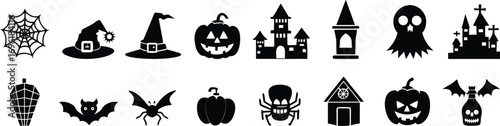 Collection of Halloween icons set silhouette vector art illustration.