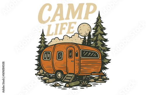 Camping Van Illustration. Let's Explore Adventure Poster. Retro Camper and Mountain Graphic. Vintage Travel Artwork.