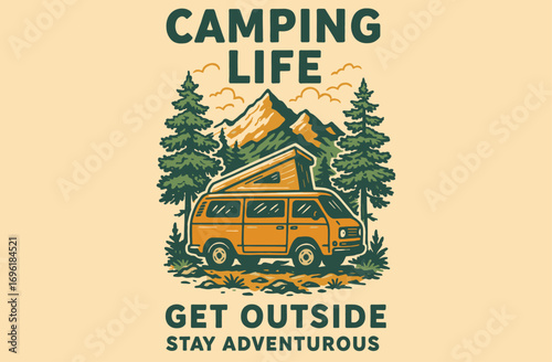 Camping Van Illustration. Let's Explore Adventure Poster. Retro Camper and Mountain Graphic. Vintage Travel Artwork.