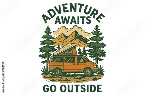 Camping Van Illustration. Let's Explore Adventure Poster. Retro Camper and Mountain Graphic. Vintage Travel Artwork.