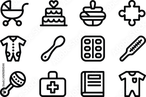 Iconographic Collection of Baby Related Items Depicting Products and Objects Representing Childhood, Care, and Developmental Stages in a Clean and Minimalist Style