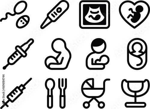 Illustrations Depicting Stages of Reproduction Baby Care and Motherhood Journey Representing Fertility Pregnancy and Parenthood Including Thermometer Baby Ultrasound and Breastfeeding Icon