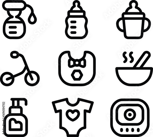 Adorable Baby Essentials A Collection of Cute Icons Representing Breast Pump, Baby Bottles, Tricycle, and More Necessary Equipment Items for Newborns