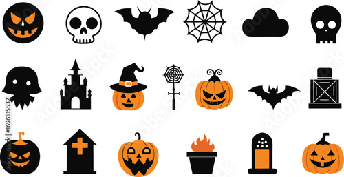 Collection of Halloween icons set silhouette vector art illustration.