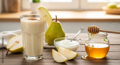 Refreshing pear smoothie with yogurt and honey for healthy breakfast