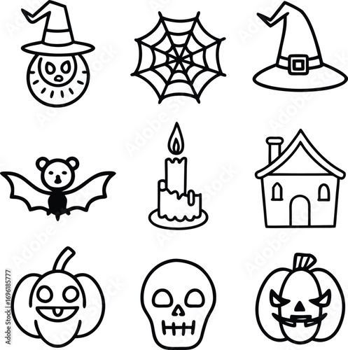 Collection of Halloween icons set silhouette vector art illustration.