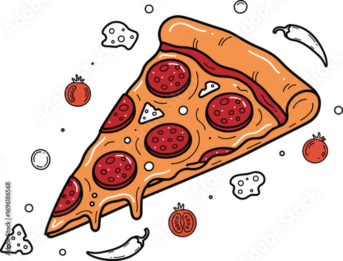 Pepperoni Pizza Slice Line Art with Fun Doodles