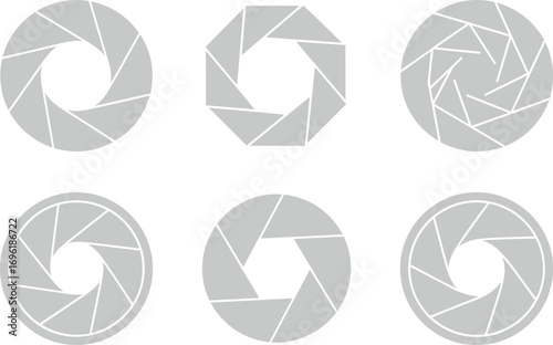 A technical collection of geometric camera aperture icons. Vector set of six isolated lens shutter diagrams on white
