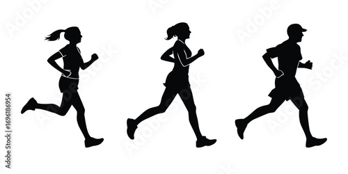 Running man and woman silhouettes vector set illustration. Male and female runners figure shapes.