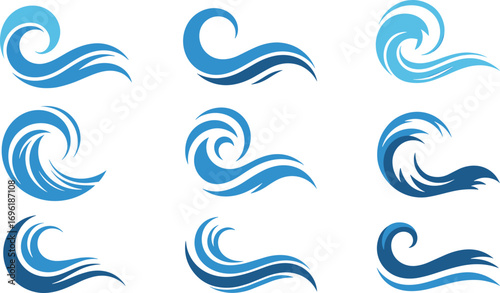 Abstract blue ocean wave forms and stylized sea surf swirls. A dynamic compilation of isolated water current graphics
