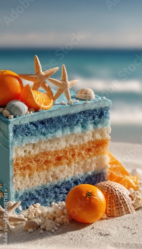 Ocean-themed cake slice on beach