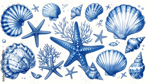 An artistic, detailed illustration of various seashells, starfish, and coral, all rendered in shades of blue against a clean white backdrop. The image has a hand-drawn, watercolor feel