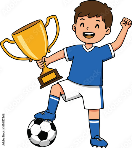 Happy cartoon soccer boy with golden trophy, celebrating football victory, blue uniform character with ball, sports success illustration design.