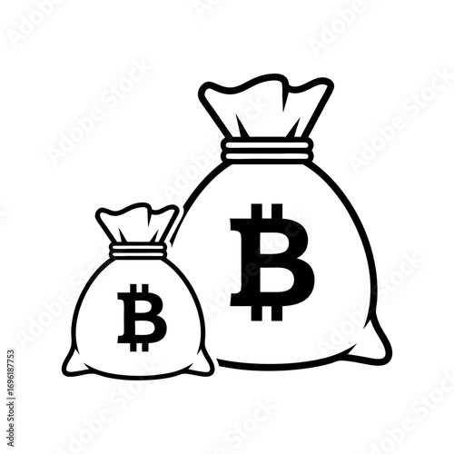 Two stylized bags, one large and one small, featuring the Bitcoin symbol, indicating wealth and cryptocurrency