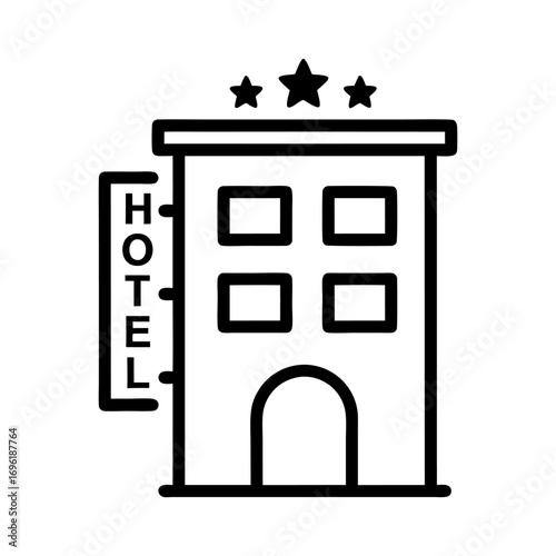 Modern hotel building with stars on top and a neon sign in a clean, minimalist line art style