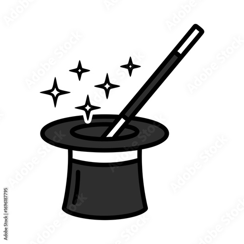 Charming Magician's Top Hat and Wand Emitting Sparkling Magic, Representing Illusion and Entertainment