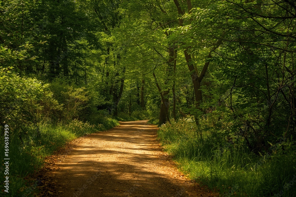 Fototapeta premium A scenic jogging path through a dense woodland of vibrant foliage