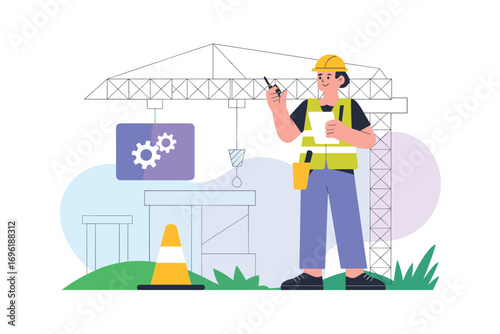 Vector illustration of a construction foreman managing a building project with a crane and modern technology screen