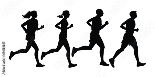 Running man and woman silhouettes vector set illustration. Male and female runners figure shapes.