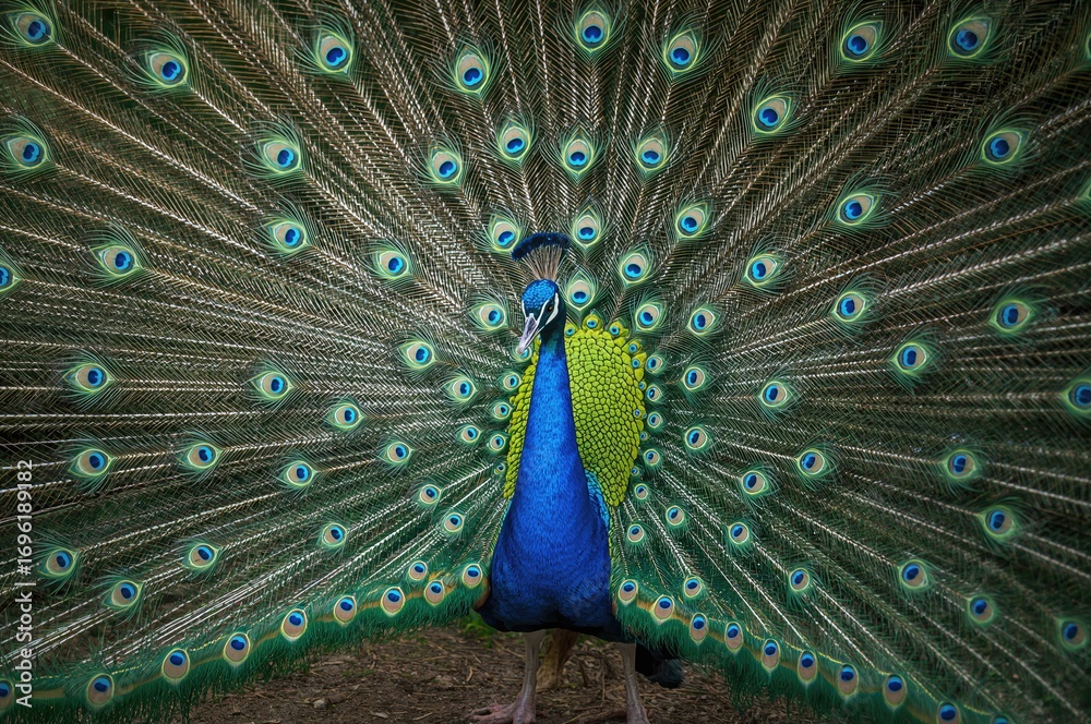 Fototapeta premium Azure peacock displaying its full plumage in nature