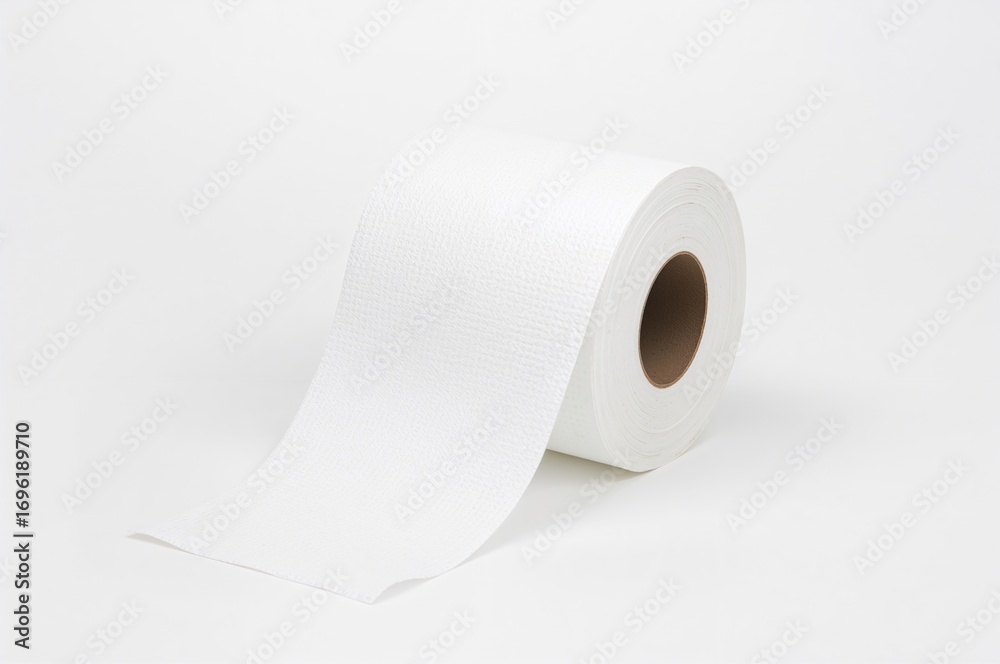Fototapeta premium Isolated white toilet tissue roll on plain backdrop, hygiene and bathroom essentials, recyclable paper product