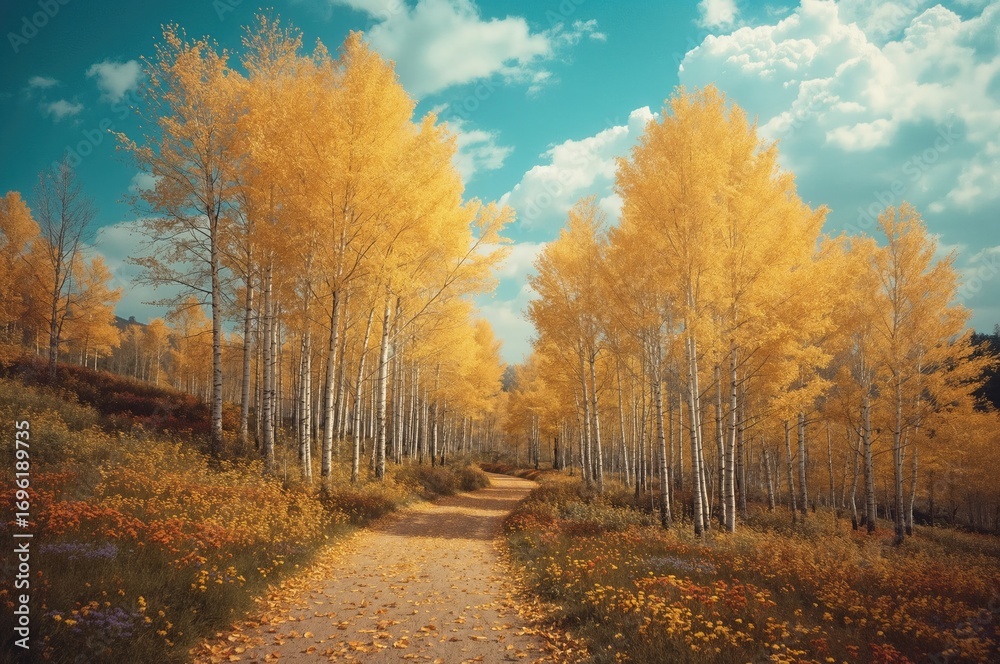 Fototapeta premium A cluster of Aspen trees displaying vibrant Fall foliage along the path.