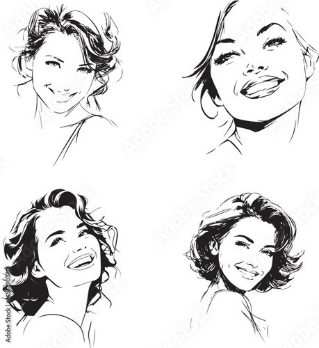 Vector art of four diverse female portraits with smiling expressions