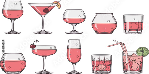 Collection of various pink cocktails in glasswares