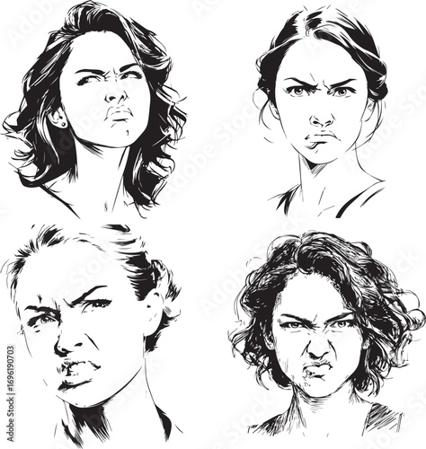 Vector art of four women showing angry facial expressions