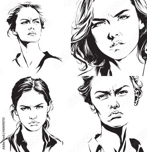 Vector art of four distinct portraits of women expressing anger