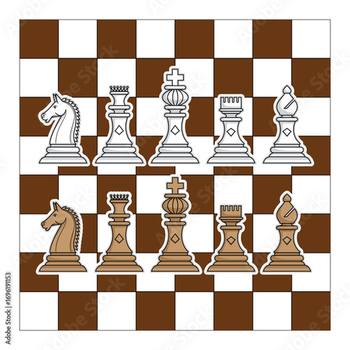 Illustration vector set of chess bishop rook king queen and horse or knight background with chess board drawing in colorful cartoon vector