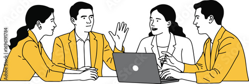 Group of people in a meeting with a laptop on the table top